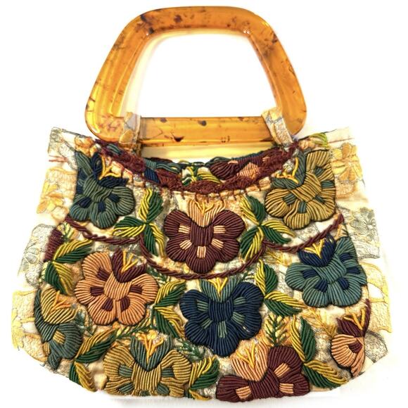 Handmade Handbags - Vintage Guatemalan Embroidered Floral Handbag Lucite Handles 1960s Boho Purse